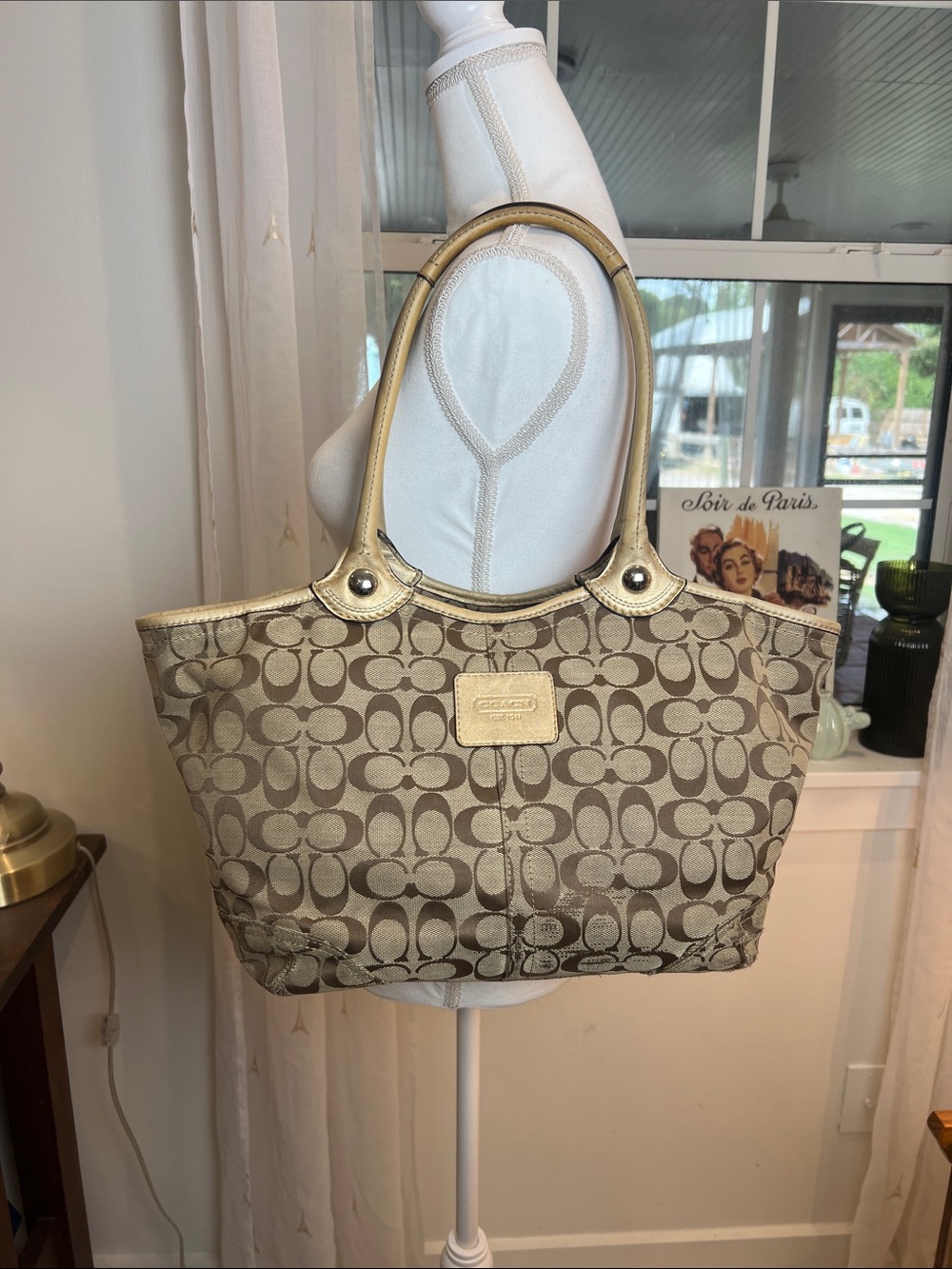 Coach Beige Signature Canvas Tote with Gold Trim